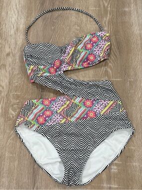 Black & White Chevron One-Shoulder Swimsuit with Colorful Geometric Trim